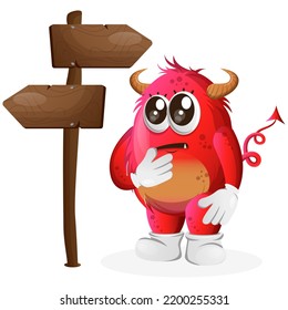 Cute red monster making decision. Perfect for kids, small business or e-Commerce, merchandise and sticker, banner promotion, blog or vlog channel