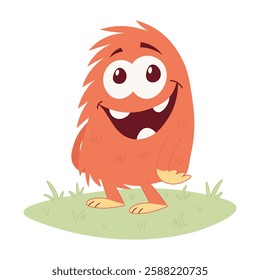 Cute red monster on the meadow. Vector children's flat illustration