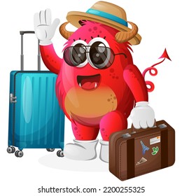 Cute red monster on vacation carrying a suitcase. Perfect for kids, small business or e-Commerce, merchandise and sticker, banner promotion, blog or vlog channel