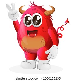 Monstruo rojo lindo con mano de paz. Perfecto para niños, pequeñas empresas o comercio electrónico, mercadería y pegatinas, promoción de banners, blog o canal de vlog