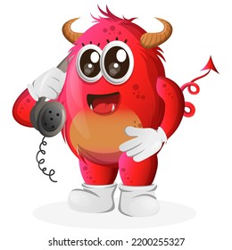 Cute red monster pick up the phone, answering phone calls. Perfect for kids, small business or e-Commerce, merchandise and sticker, banner promotion, blog or vlog channel