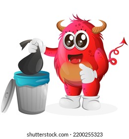 Cute red monster placing reusable waste into garbage can. Perfect for kids, small business or e-Commerce, merchandise and sticker, banner promotion, blog or vlog channel