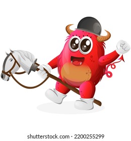 Cute red monster playing with toy horse. Perfect for kids, small business or e-Commerce, merchandise and sticker, banner promotion, blog or vlog channel

