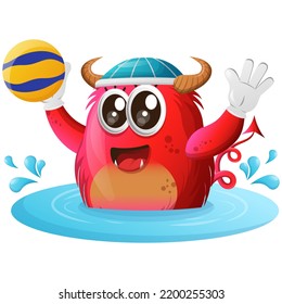 Un monstruo rojo lindo jugando al waterpolo. Perfecto para niños, pequeñas empresas o comercio electrónico, mercadería y pegatinas, promoción de banners, blog o canal de vlog