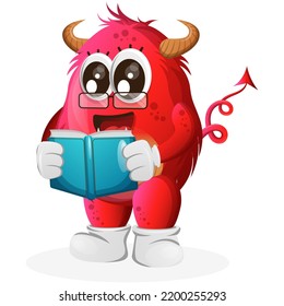 Cute red monster reading a book. Perfect for kids, small business or e-Commerce, merchandise and sticker, banner promotion, blog or vlog channel