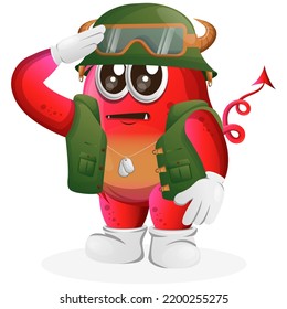 Cute red monster soldier in green uniform. Perfect for kids, small business or e-Commerce, merchandise and sticker, banner promotion, blog or vlog channel