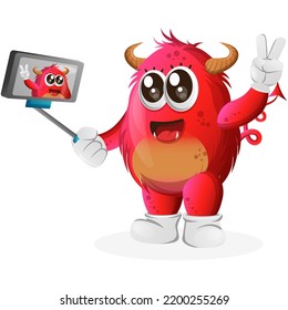Cute red monster takes a selfie with smartphone. Perfect for kids, small business or e-Commerce, merchandise and sticker, banner promotion, blog or vlog channel