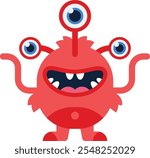 Cute red monster with three eyes and tentacle arms, smiling and playful, perfect for kids products and whimsical projects