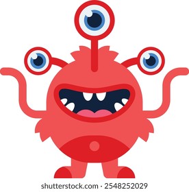 Cute red monster with three eyes and tentacle arms, smiling and playful, perfect for kids products and whimsical projects