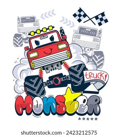 Cute red monster truck racing cartoon reach the finish line on white background illustration vector, Graphic t-shirts for kids.
