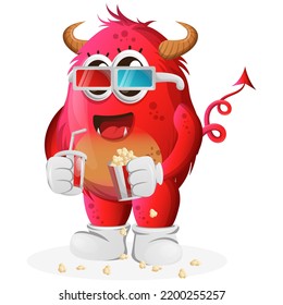 Cute red monster watching movie with holding soda and popcorn. Perfect for kids, small business or e-Commerce, merchandise and sticker, banner promotion, blog or vlog channel
