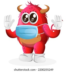 Cute red monster wearing medical mask, protect from covid-19. Perfect for kids, small business or e-Commerce, merchandise and sticker, banner promotion, blog or vlog channel
