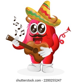 Cute red monster wearing mexican hat with playing guitar. Perfect for kids, small business or e-Commerce, merchandise and sticker, banner promotion, blog or vlog channel