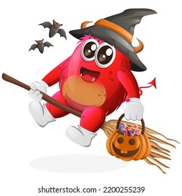 Cute red monster witch with holding halloween pumpkin with candy on it. Perfect for kids, small business or e-Commerce, merchandise and sticker, banner promotion, blog or vlog channel