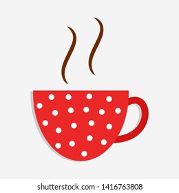 Cute red mug of coffee with dots. Vector illustration.