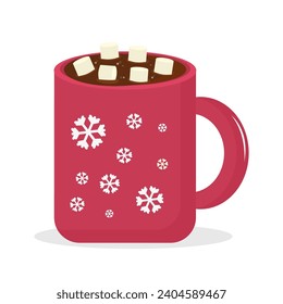 Cute Red Mug With Hot Cocoa Or Chocolate And  Marshmallows, Isolated On White Background. Flat Vector Illustration