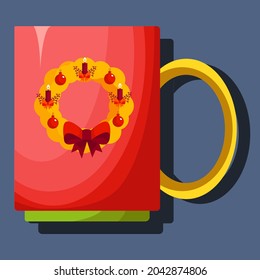 Cute red mug, on a gray background, with a Christmas decoration. Vector templates, layout, collection of various modern cups decorated with vector flat illustrations with design elements.