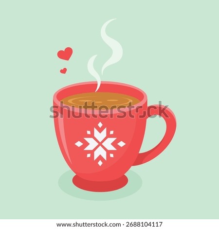 A cute red mug with winter pattern filled with hot drink. Christmas cup vector illustration.