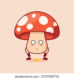 A cute Red Mushroom character confused because it found a coin on the street.