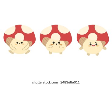 Cute red mushroom character design different expression in kawaii style. Isolated on white background