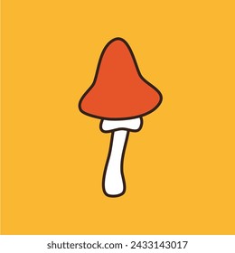 Cute red mushroom, fungus icon. Groovy retro icon in 60s, 70s hippie style. Funny cartoon eyes. Patches, pins, stamps, stickers template print. Trendy psychedelic flat design. Yellow background Vector