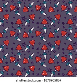 Cute red mushrooms vector seamless pattern. Amanita and stars magical print
