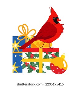 Cute red northern cardinal bird with gift box and tree toy isolated white background. Winter christmas holiday vector cartoon flat illustration