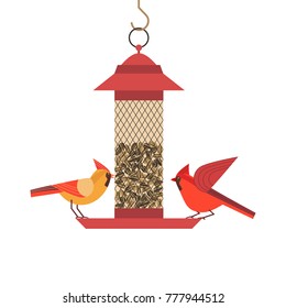 Cute Red Northern cardinal bird poster. Comic flat cartoon. Minimalism simplicity design. Winter birds feeding by sunflower seeds in feeder. Template birdwatching card background. Vector illustration