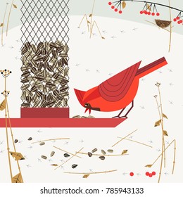 Cute Red Northern cardinal bird poster. Comic flat cartoon. Minimalism simplicity design. Winter birds feeding by sunflower seeds in feeder. Template birdwatching card background. Vector illustration