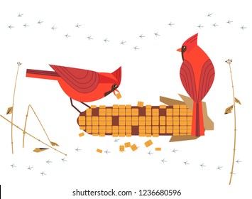 Cute Red Northern cardinal birds feeding by corn seeds poster. Comic flat cartoon. Minimalism simplicity design. Winter season bird of backyard. Template vector scavenging birdwatching card background