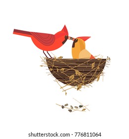 Cute Red Northern Cardinal Birds Couple Icon. Comic Flat Cartoon. Minimalism Simplicity Design. Winter Male Bird Is Feeding By Seed Female Sitting On Eggs In Nest. Template Vector Scavenging Card