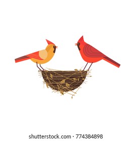 Cute Red Northern cardinal couple icon. Comic simple flat cartoon. Winter birds on nest in backyard, city garden wonderland. Stylized funny bird. Template for vector scavenger hunt card background