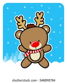 cute red nose baby reindeer on winter background