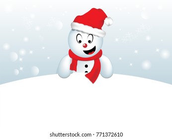 Cute red nose Snowman, standing behind a blank sign, advertisement banner. 
Layered and easy to customize. 
Check out my christmas set for more.