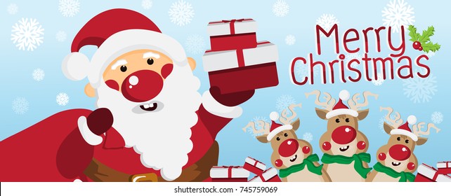 Cute red nosed Santa Claus and Reindeer on Blue background with snowflakes,Gift and Christmas Holiday,Happy New Year Concept,design for Greeting Card and Banner,Vector illustration.