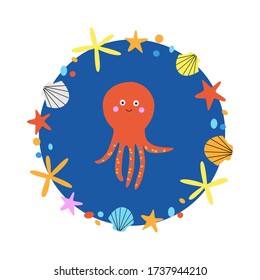 Cute red octopus in frame of starfishes and shells. Vector illustration in cartoon flat style of kawaii orange cuttlefish with tentacles on navy blue background