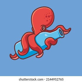 cute red octopus hugging a bottle. isolated cartoon animal nature illustration. Flat Style Sticker Icon Design Premium Logo vector. Mascot Character