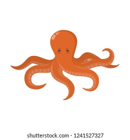 Cute red octopus from the ocean. Marine animal swimming underwater. Aquatic life. Isolated flat vector illustration