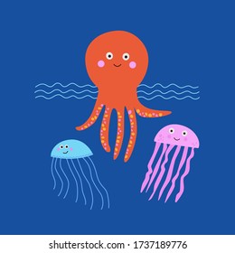 Cute red octopus and pink blue jellyfish vector illustration on navy blue background. Kawaii sea creatures smiling and swimming in tropical waves