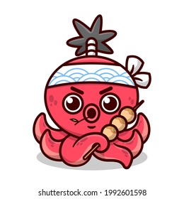 CUTE RED OCTOPUS WITH SAMURAI HAIR STYLE IS WEARING JAPANESE HEADBAND AND BRINGING TAKOYAKI. HIGH QUALITY CARTOON MASCOT DESIGN.