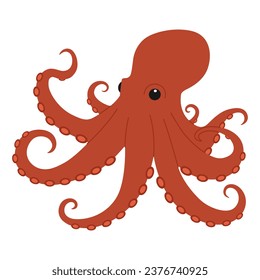 Cute red octopus. Sea and ocean animal predator. Childish character. Vector flat illustration isolated on white background