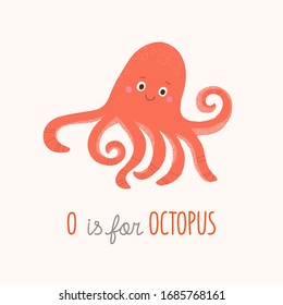 Cute red octopus smiling. O is for Octopus. Cartoon vector hand drawn eps 10 illustration isolated on white background in a flat style.