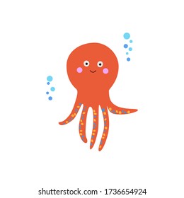Cute red octopus vector illustration on white background. Little invertebrate animal baby with happy face and bubbles swimming in the sea. Illustration in flat style