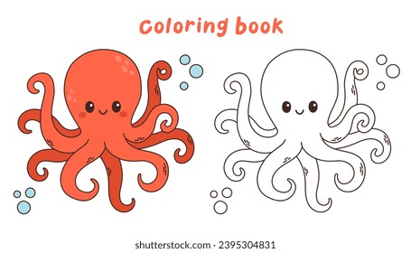 Cute red octopus vector illustration undersea, sea life coloring book or coloring page