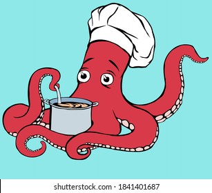 Cute red octopus in a white chef's hat with a pan and ladle in its tentacles