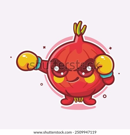cute red onion character mascot playing boxing sport isolated cartoon in flat design