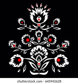 Cute red oriental flower with buds and leaves, in bloom. Ethnic floral element. Decorative folk pattern for design. Oriental background in vector