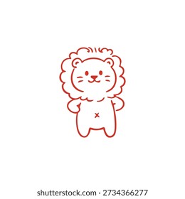 Un lindo dibujo de contorno rojo presenta un león de dibujos animados de pie con una cara amigable y melena esponjosa sobre un fondo blanco.