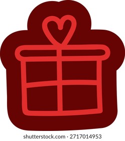 Lindo icono de contorno rojo de una caja de regalo con un lazo en forma de corazón. Estilo simple dibujado a mano perfecto para el día de San Valentín, pegatinas, tarjetas y diseños de vacaciones