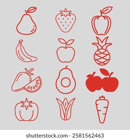 Cute Red Outline Icons of Various Fruits and Vegetables